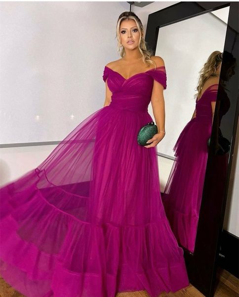 Abiti da festa Elegante lungo in tulle Fucsia da sera con pieghe ALine con spalle scoperte e lacci sul retro Abendkleid Robes de for Women 230225