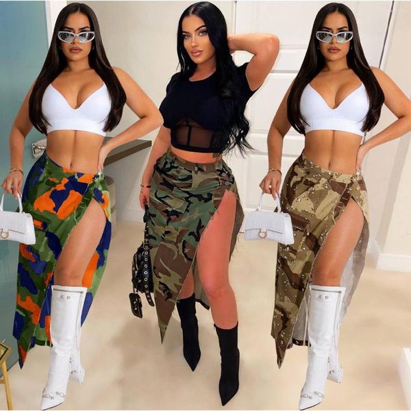 Saias ecoinam camuflagem verde skia de jeans de jeans de cintura sexy button split tassel moda de rua longa clubwear verão 2023