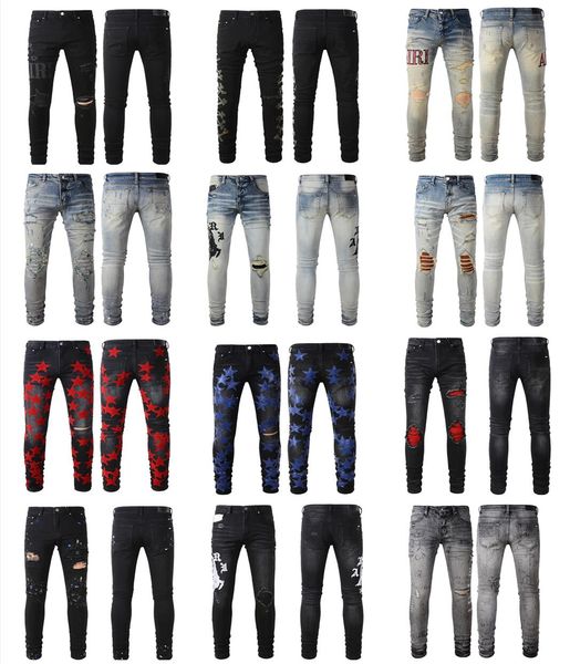 Cal￧a de jeans de designer jeans am bordas de bordados de moda buracos cal￧as de z￭per de hip hop l￺pulo para masculino