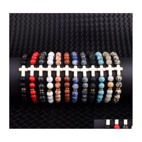 carros dvr fios de miçangas moda jesus cruzamento charme pulseiras homens natureza lava pedra de 8 mm miçangas brancas oração de pulseiras de reiki para mulheres ioga gota d dhtxd