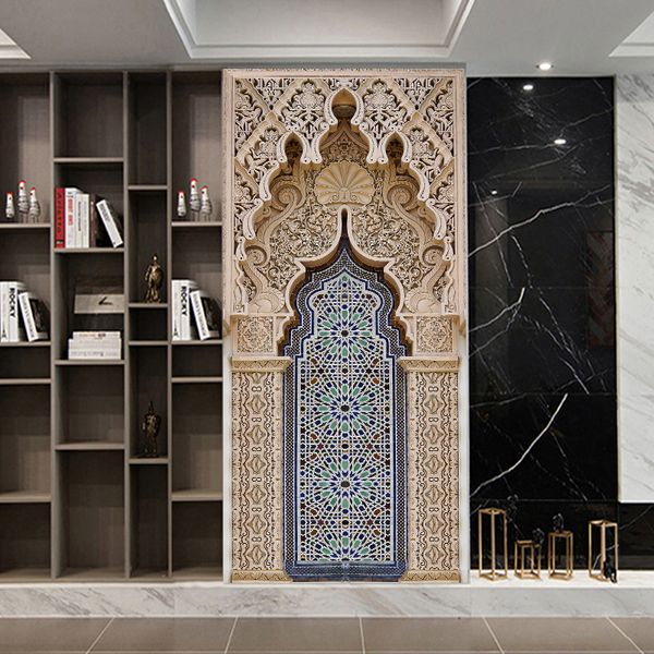 Adesivos de parede 2pcs/conjunto Great Mosque de Meca Porta Arte Arte Mural Decoração Decoração da casa da varanda Pap papel 230227