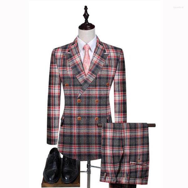 Abiti da uomo Abito da sposa scozzese in lana 2 bottoni Smoking da sposo doppio petto in tweed Custom Made 2023 Uomo (giacca pantaloni)