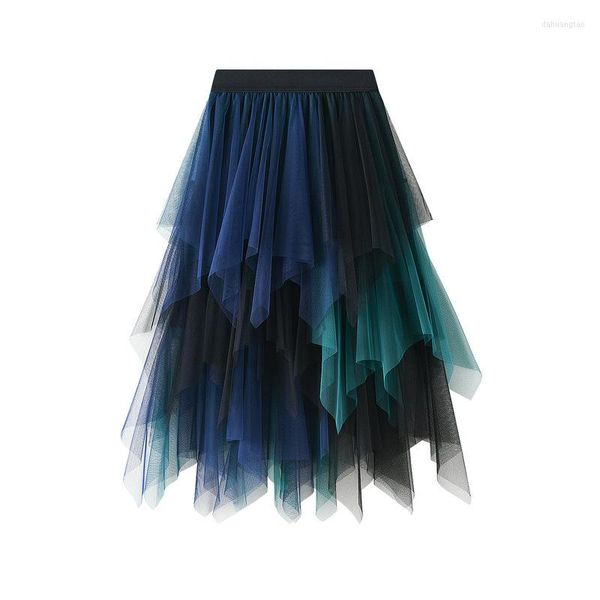 Röcke 70 cm Hohe Taille Frauen Rock Farbe Patchwork Voile Tanz Tutu Unregelmäßigen Halben Länge Tüll Lolita Petticoat