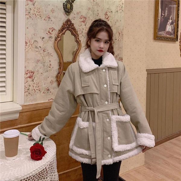 Trench da donna 2023 inverno inverno a metà lunghipwool da donna tasca sciolte di cotone cotone fodera addensato parca al parco con cintura con cintura