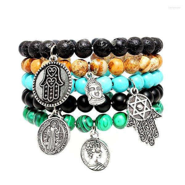 Charm-Armbänder verkaufen Unisex-Armband, schwarzer buddhistischer Lavastein, Stretch-Legierung, Perlenanhänger für Frauen und Männer, Schmuck
