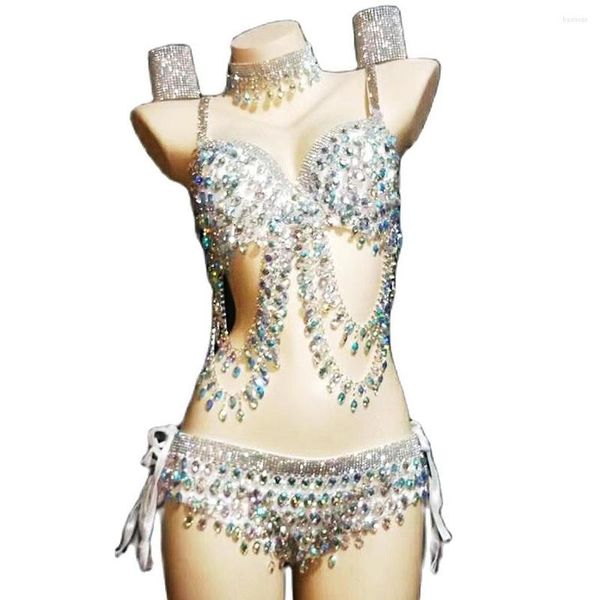 Bühnenbekleidung leuchtende silberne sexy weibliche Perlen Spaghetti -Gurt Bikini Pole Tanz Kostüm Bar Nachtclub DJ Kleidung Rave Outfits