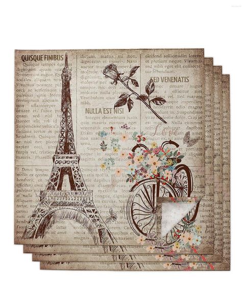 Tovagliolo da tavola Retro Torre Eiffel Bicicletta Fiore di rosa 4/6/8 pezzi Tovaglioli da cucina 50x50 cm Piatti da portata Prodotti tessili per la casa
