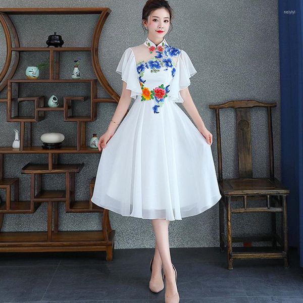 Roupas étnicas melhoradas Cheongsam Dress Skirt vestido verão branco era fino temperamento de fadas elegante fantasia de dança qipao