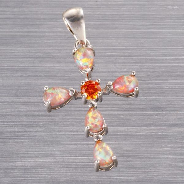 Colares pendentes Kongmoon Cross Cross Orange Red Red CZ mexicano Brown Fire Opal Silver Plated Jóias para Mulheres Colar