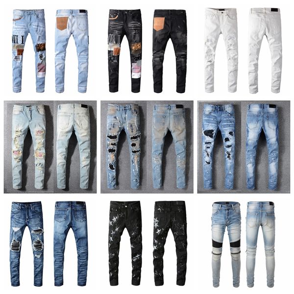 Tasarımcı Kot Erkek Jean Mektup Sıkıntılı Sıska Yırtık Biker Slim Fit Motosiklet Bisikletçileri Erkek için Kot Moda Erkek Siyah Pantolon Hommes Dökün #BB