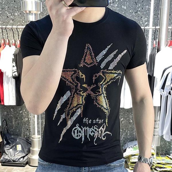 Camisetas masculinas 2023 Verão Big Size Men's T-shirt Trend Ins Moda Starfish Patterl Drill Slave Short Tshirt preto branco