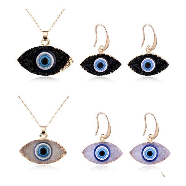 Автомобиль DVR Подвесной ожерелья синие украшения ювелирные изделия Evil Eye Druzy Drusy Senglace Серьги Серьги смола Quartz Crystal Fashion для женщин бросает доставку p dhnec