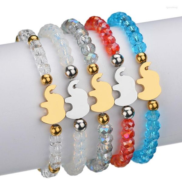 Braccialetti con corda elastica in corda elastica piccolo elefante in acciaio inossidabile carino braccialetto a catena con perline di cristallo color caramello per regalo di gioielli per bambini da donna