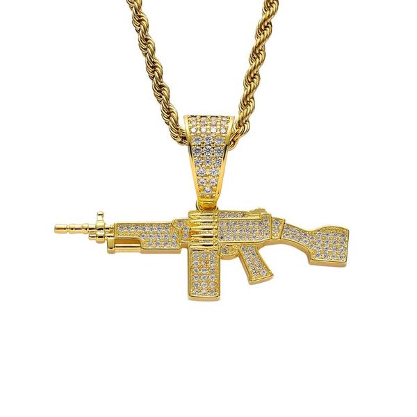 Anhänger Halsketten Männer Iced Out Maschinengewehr Halskette Gold Silber Farbe Messing Gothic CZ Hip Hop Schmuck Mit Edelstahl Kette