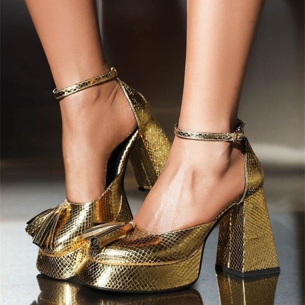 Sandali con plateau per donna cinturino alla caviglia tacco grosso oro argento bling moda sexy scarpe Marry Jane 2023 primavera marca 230225