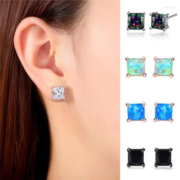 Saplama Küpe 4/5/6/7mm Prenses Kesme Kristal Meydanı Erkekler Gümüş Gül Altın Renk Siyah CZ Beyaz Blue Fire Opal