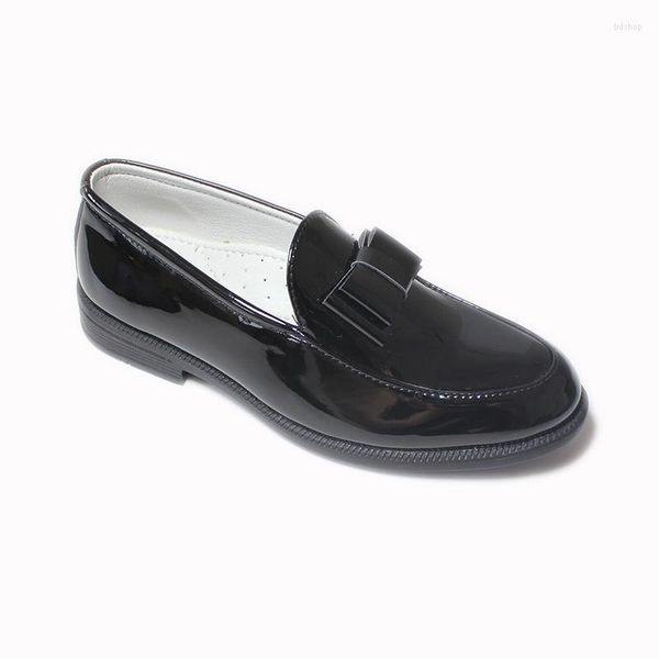 Düz ayakkabılar çocuk erkek çocuklar okula üniform yay düğüm sentetik deri düşük blok topuk mokasenler el yapımı siyah düğün kıyafetleri