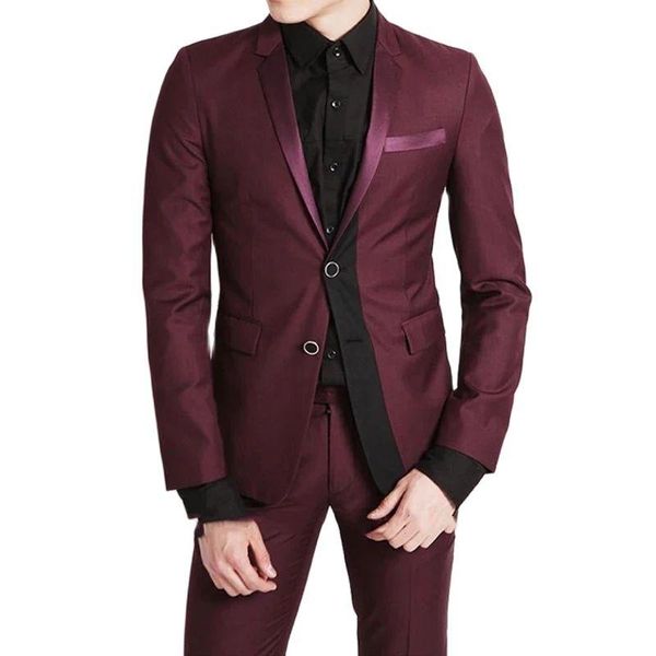 Abiti da uomo Blazer Uomo Slim Fit Borgogna Nero Splicing Notch Risvolto Monopetto Smoking da sposa Cena Cappotto Cappotto Pantalone Ultimo design