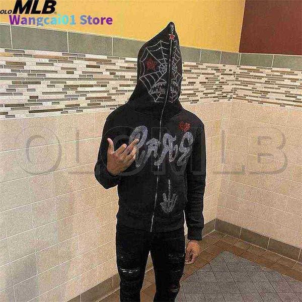 Moletons masculinos com capuz e zíper completo Y2K Men Streetwear Longo Seve strass spider web goth Sweatshirt Oversized o Clothing Hoodie Sweater 907H