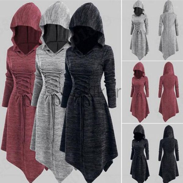 Vestidos casuais femininos góticos góticos de manga longa com capuz Mid Swing Big Swing Midi Medieval Lace Up Costume Halloween Mulheres