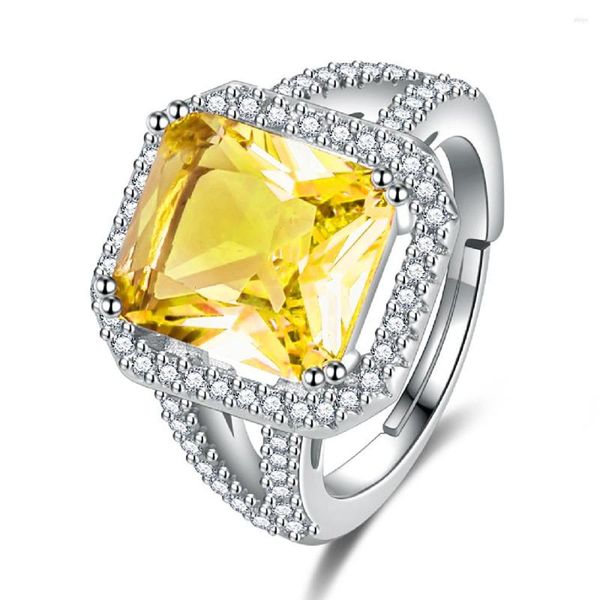 Cluster-Ringe, großer quadratischer gelber Kristall, Citrin, Edelsteine, Diamanten für Frauen, Weißgold, Silberfarbe, Schmuck, trendiges Party-Zubehör