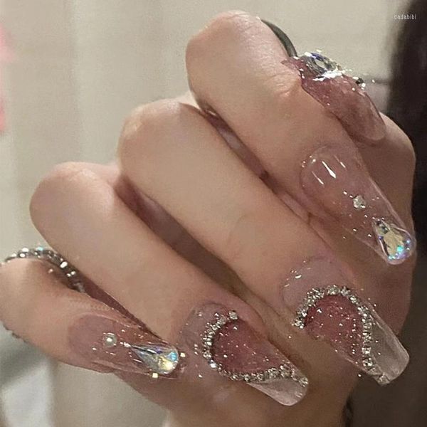 Yanlış Tırnaklar 24 PCS Rhinestone Tasarım Uzun sahte tırnak parıltısı kalp zinciri kare bale Tutkal peri sanat baskısı üzerine ipuçları üzerine