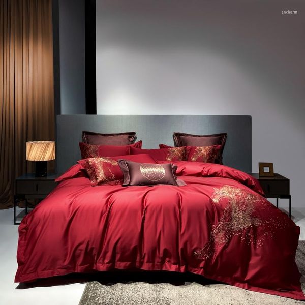 Set di biancheria da letto Set di lusso King Size Copripiumino e federe in cotone egiziano 4/6 pezzi Copripiumino tinta unita grigio verde rosso Cavallo d'oro