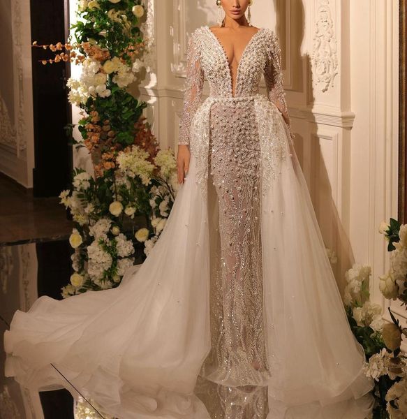 Роскошные русалочные свадебные платья с длинными рукавами v Шея 3D кружевные блестки с блестками.