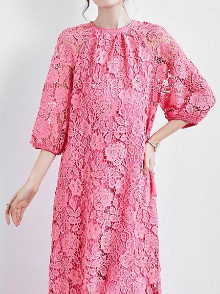Vestidos casuais primavera doce crochê renda rosa vestido solto e pulôver de pescoço no verão de manga curta reta