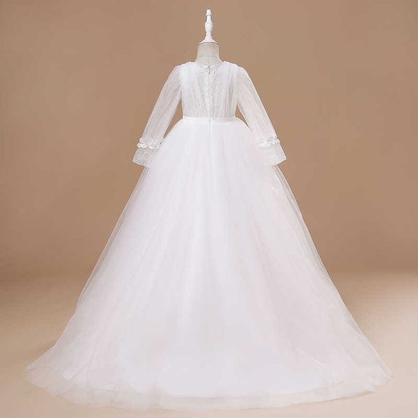Mädchenkleider 2023 Winter Langarm Kinder Weißes Brautjungfernkleid für Mädchen Kinder Kommen Spitze Prinzessin Kleider Mädchen Partykleid Abendkleid