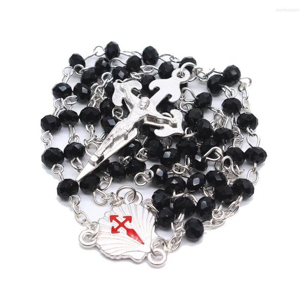 Anhänger-Halsketten Klassische Jesus-Kreuz-Rosenkranz-Halskette Christlicher religiöser Schmuck Zubehör 4 6 mm schwarze Kristallglas-Gebetsperlen