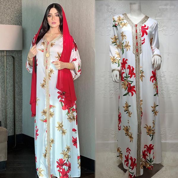 Abito lungo con nastro di abbigliamento etnico per donna, Medio Oriente, floreale bianco, taglie forti, abito musulmano, Dubai, Turchia, arabo, Oman, abiti marocchini