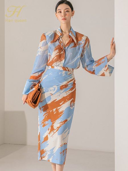 İki parçalı elbise H Han Queen Sonbahar Kadınlar Baskı 2 Parça Takım Takım Uzun Kollu Gömlek Günlük Moda Kılıf Kalem Etek Basit İş Setleri 230225
