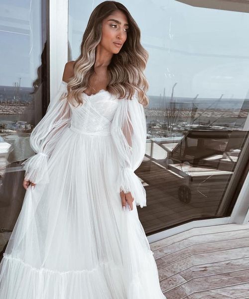 Abito da sposa in tulle moderno maniche a soffiette a cuore a una linea boho abito da sposa abito da sposa vestido de noni 2023