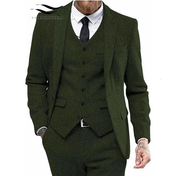 Herrenanzüge, Blazer, Herren-Geschäftsanzug, 3-teilig, Tweed, Fischgrätenmuster, Reverskragen, Hochzeitsanzüge, Bräutigam, Smoking, formeller Anzug, Blazer, Weste, Hose 230227