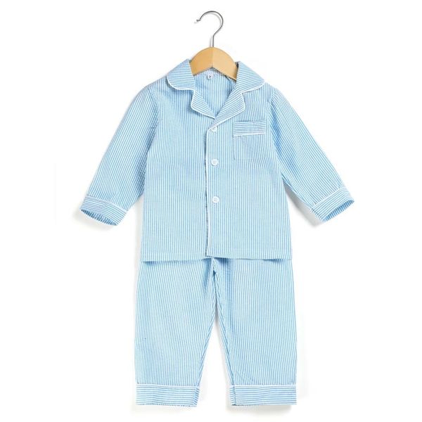 Pyjamas Jungen Pyjama Cotton Frühling und Sommer Kleinkind Seersucker Kids Pyjamas Langarm Streifen Boutique Home Nachtwäsche Pyjama Kinder 230227