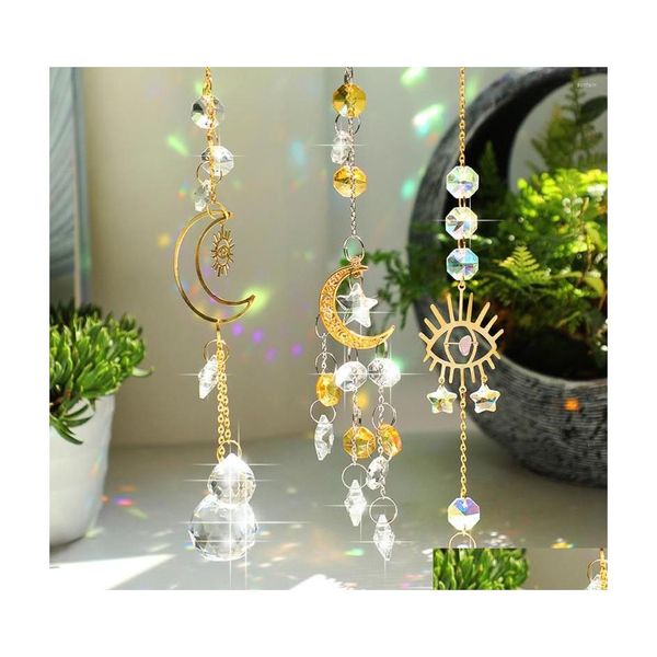 auto dvr Decorazioni da giardino 3 pezzi Gold Suncatcher Appeso Prisma di cristallo Cortile Decor Luna Sun Catcher Arcobaleno Maker Finestra Decorazione natalizia Dh1Gv