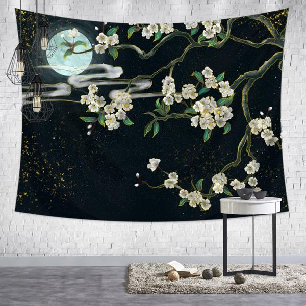 Wandteppiche, japanischer Wandteppich, Stoff, Lotus, Rose, Mond, Folk-Custom, Nachtlandschaft, Zuhause, Wohnheim, Dekor, Stoff, Decke, Teppich