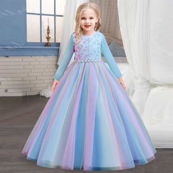 Mädchenkleider Mädchenapplikation Langarm Prinzessinnenkleid 4-12 Jahre alt Mädchen Spitzenhochzeitskleid Schleifenkleid Party Weihnachten Performance Kleid