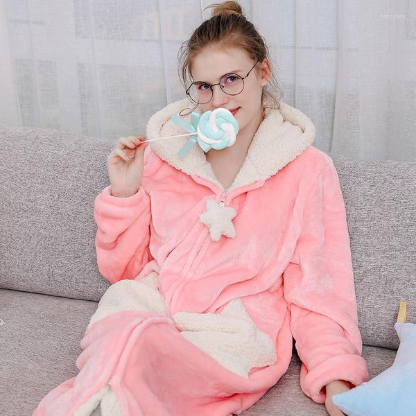 Kadın pijama 2023 Kadın Kış Yıldızı Ay Artı Boyut Uzun Sıcak Pazen Batıya Hamile Fermuar Banyosu Cüppe Kapşonlu Gece Elbisesi