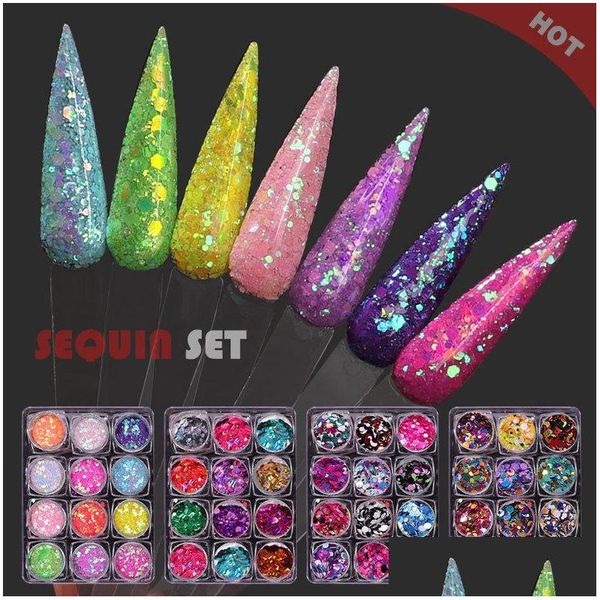 Decorazioni per nail art 1 scatola di paillettes rotonde lucide colorate punte glitterate gel uv decorazione 3D manicure accessori fai da te Drop Delive Dh6S5