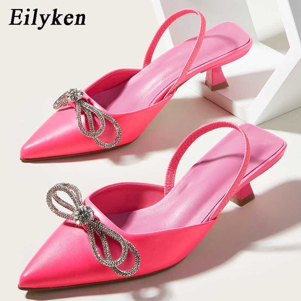 Kleidschuhe Eilyken Neue Stil Bonbonfarben Spitzschuh Kristall Butterflyknot Low Heels Mules Frauen Slingback Hochzeit Party PumpschuheL230227