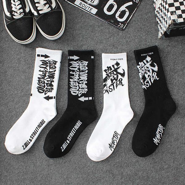 Herrensocken Einfachheit Brief Monster Socking Baumwolle Harajuku Mode weiß schwarze chinesische weiche Hiphop -Skateboard -Trend lustige Männer Frauen Socken Z0227
