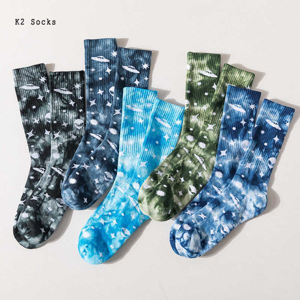 Herrensocken Neue Mode Tiedye Alien Männer und Frauen Socken Baumwolle Bunte Sternenhimmel Harajuku Stern HipHop Skateboard Glücklich Lustige Socken Z0227