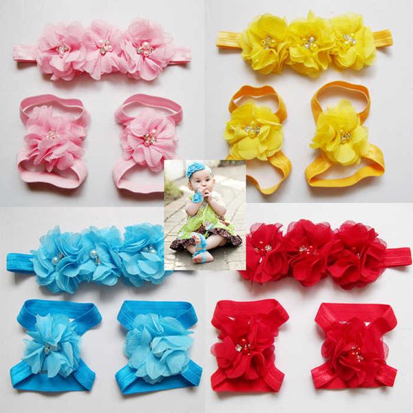 L164 Kopfblume und Fußblumenanzug, handgenähtes Chiffon-Blumenhaarband, Baby-Kopfschmuck-Stirnband