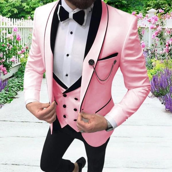 Мужские костюмы Формальная розовая мужская повседневная слабая посадка 3pcs Prom Tuxedos Шаль отвороты с двойной грудью блейзер блейзер