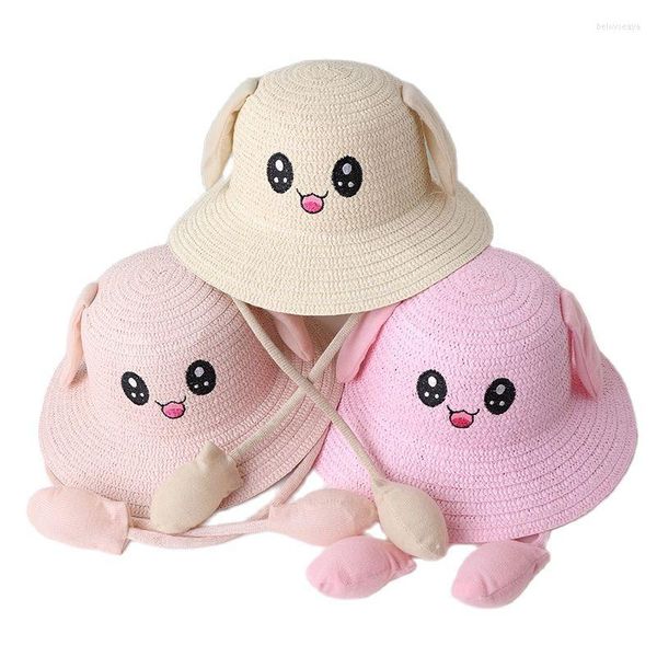 Berretti Xinyixiang Cappellino per bambini Cappelli di paglia Orecchie in movimento Cute Cartoon Pink Baby Spring Outing Sombrero Sun Bucket Hat