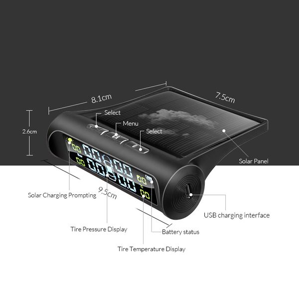 E-ACE Solar Power TPMS Sistema di monitoraggio della pressione dei pneumatici per auto Sistemi di allarme di sicurezza automatica Avviso della temperatura della pressione dei pneumatici