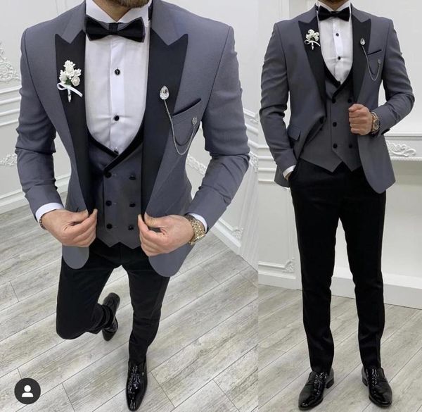 Erkekler Gri Kostüm İnce Fit Erkekler Takım Siyah Pantolon Damat Smokin Resmi Düğün Ceket Yeleği için 3 Parça Blazer