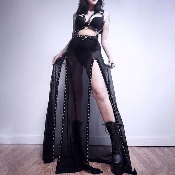 Faldas Punk Black Mesh Sheer Falda Dark Gothic Grunge Patchwork Ojal Vendaje Split Long Summer Sexy Night Clubwear